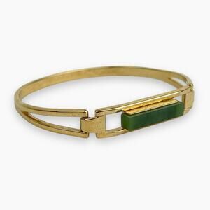 Avon Bracelet Treasured Jade Green Bar Hinged Cuff Bangle Gold Tone Vintage
